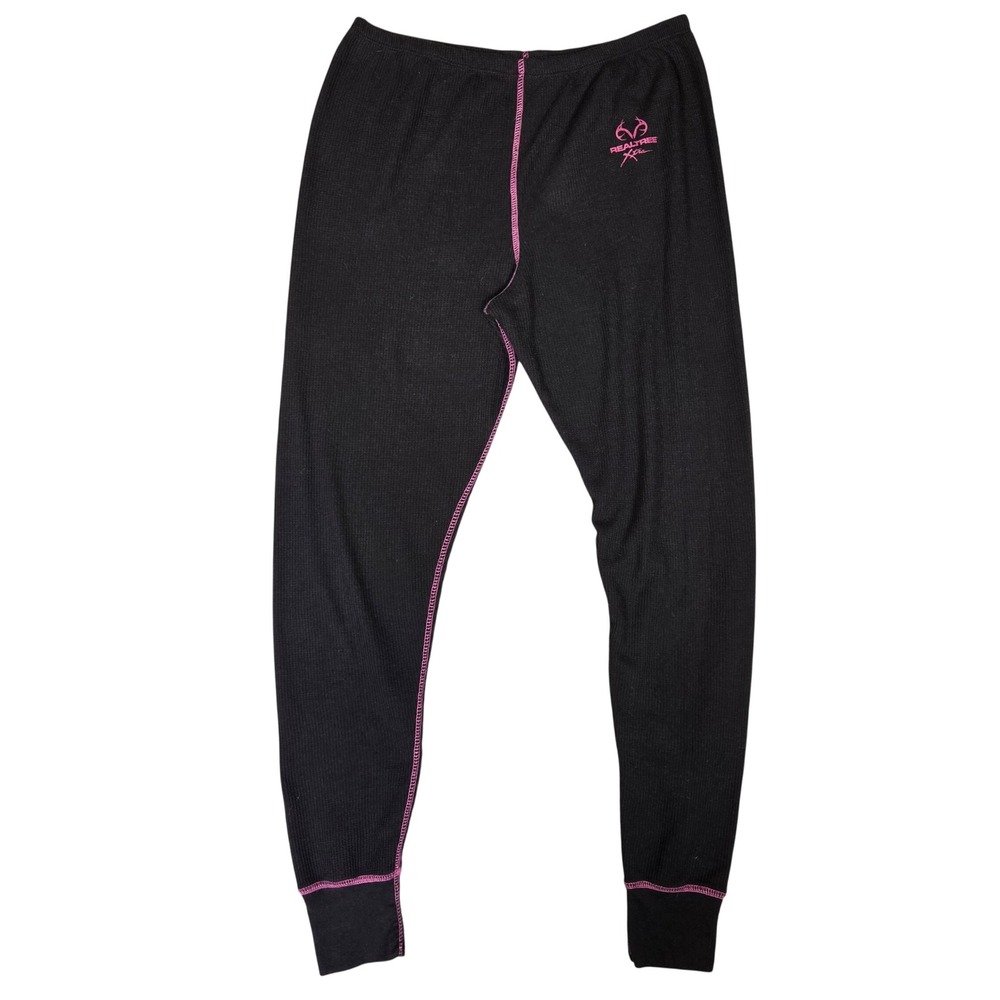 Realtree Womens Thermal Leggings Black Pink Waffle Knit Base Layer Large 12-14
